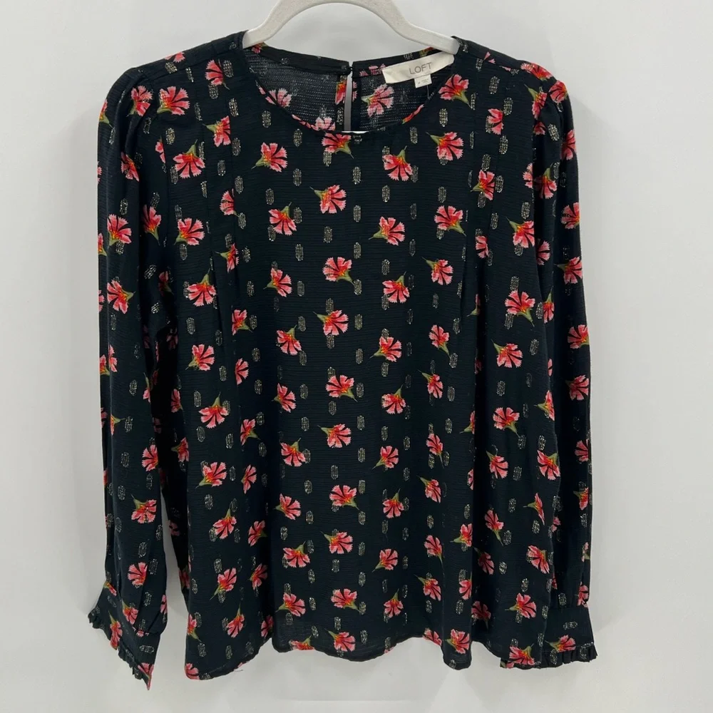 LOFT floral shimmer puff sleeve blouse